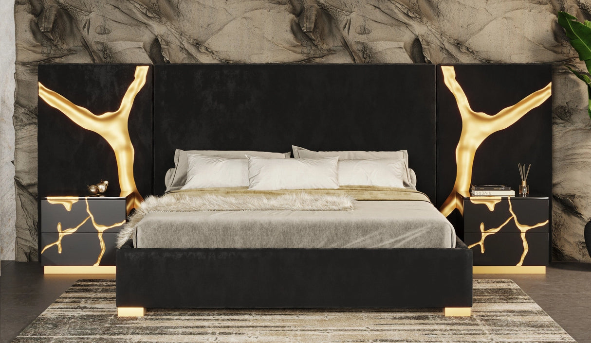Aspen - Modern Black + Gold 4-Piece Bedroom Set