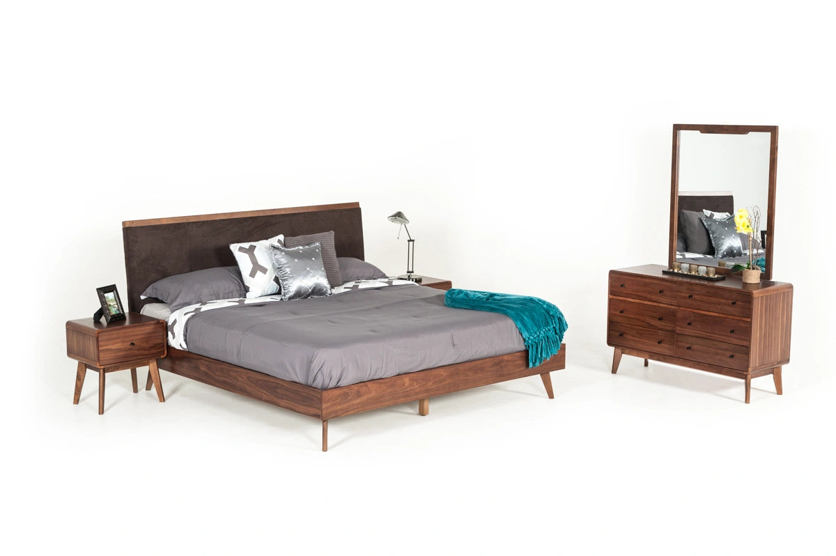 Marshall Mid-Century Modern Brown Fabric & Walnut Bed