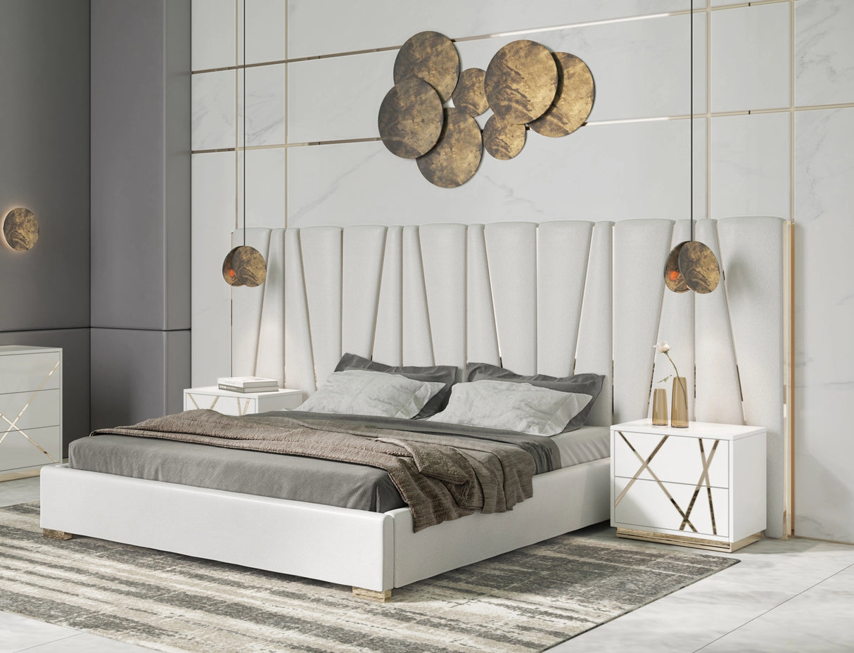 Nixa - Modern White + Gold Bed + Nightstands