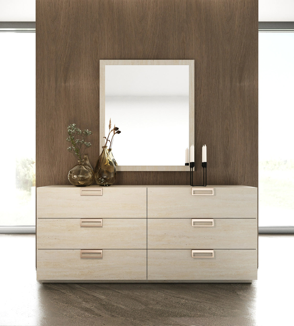 Kiro + Lago - Modern Tan Fabric + Faux Travertine 4-Piece Bedroom Set