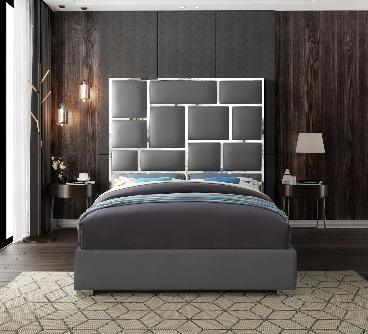 Milan Grey Faux Leather Queen Bed