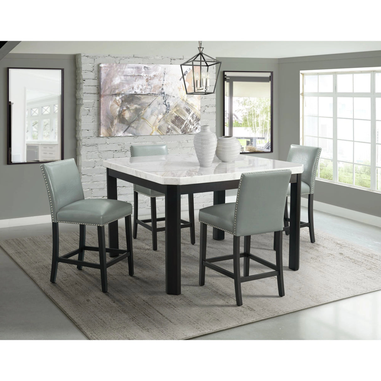Francesca White Marble Square 5PC Counter Height Dining Set-Table & Four Grey PU Chairs