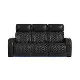 Prime Time P3 Sofa with I Table, reading light, heat, massage, LED, and speaker in Jett Black with Red Stitching