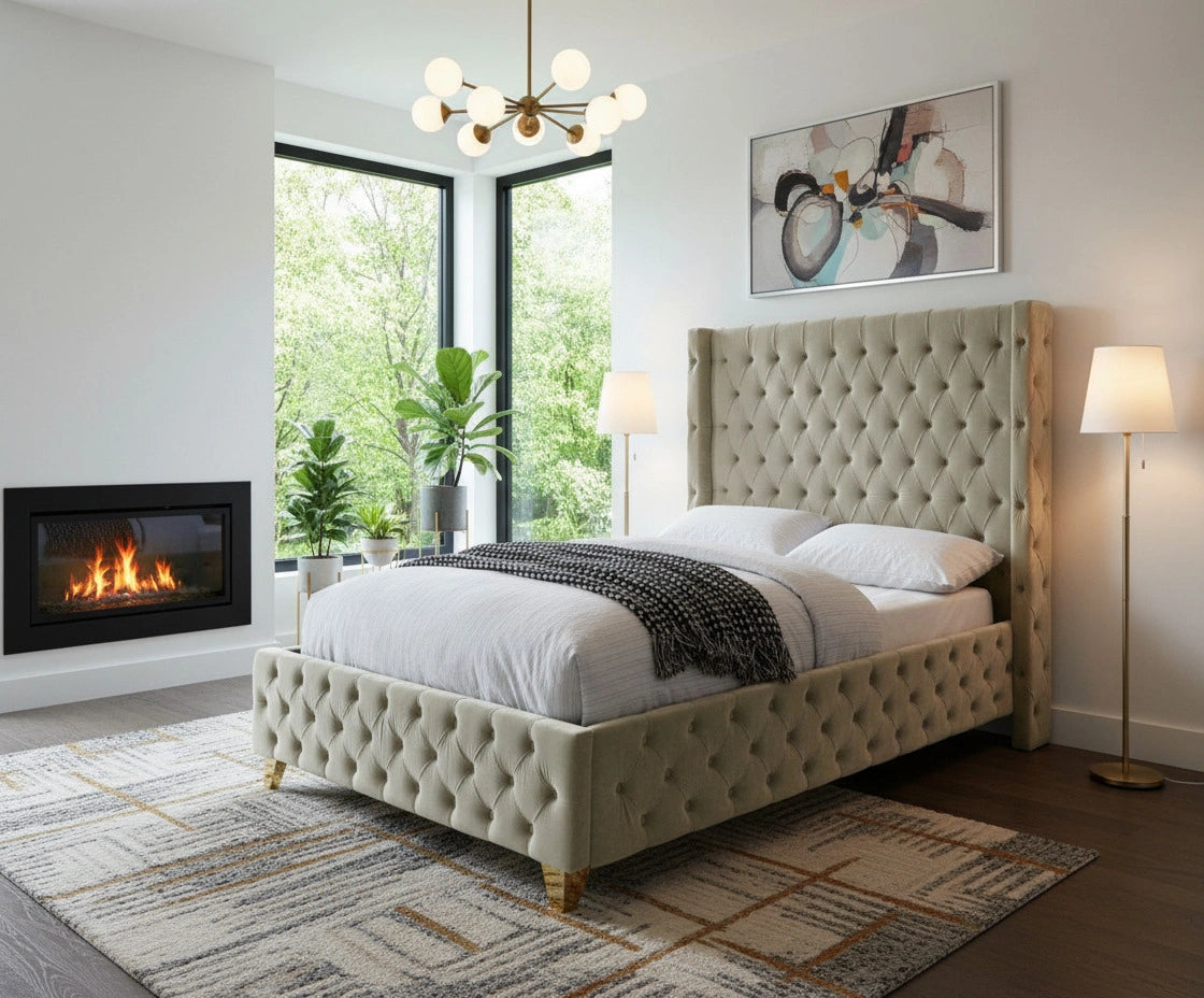 Savan Cream Velvet Twin Bed