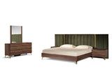 Calabria Modern Walnut & Green Velvet Bed & Nightstands