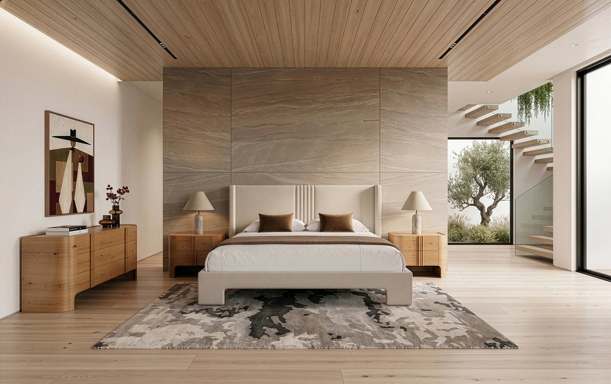 Newhart - Modern Beige Fabric + Natural Oak 4-Piece Bedroom Set