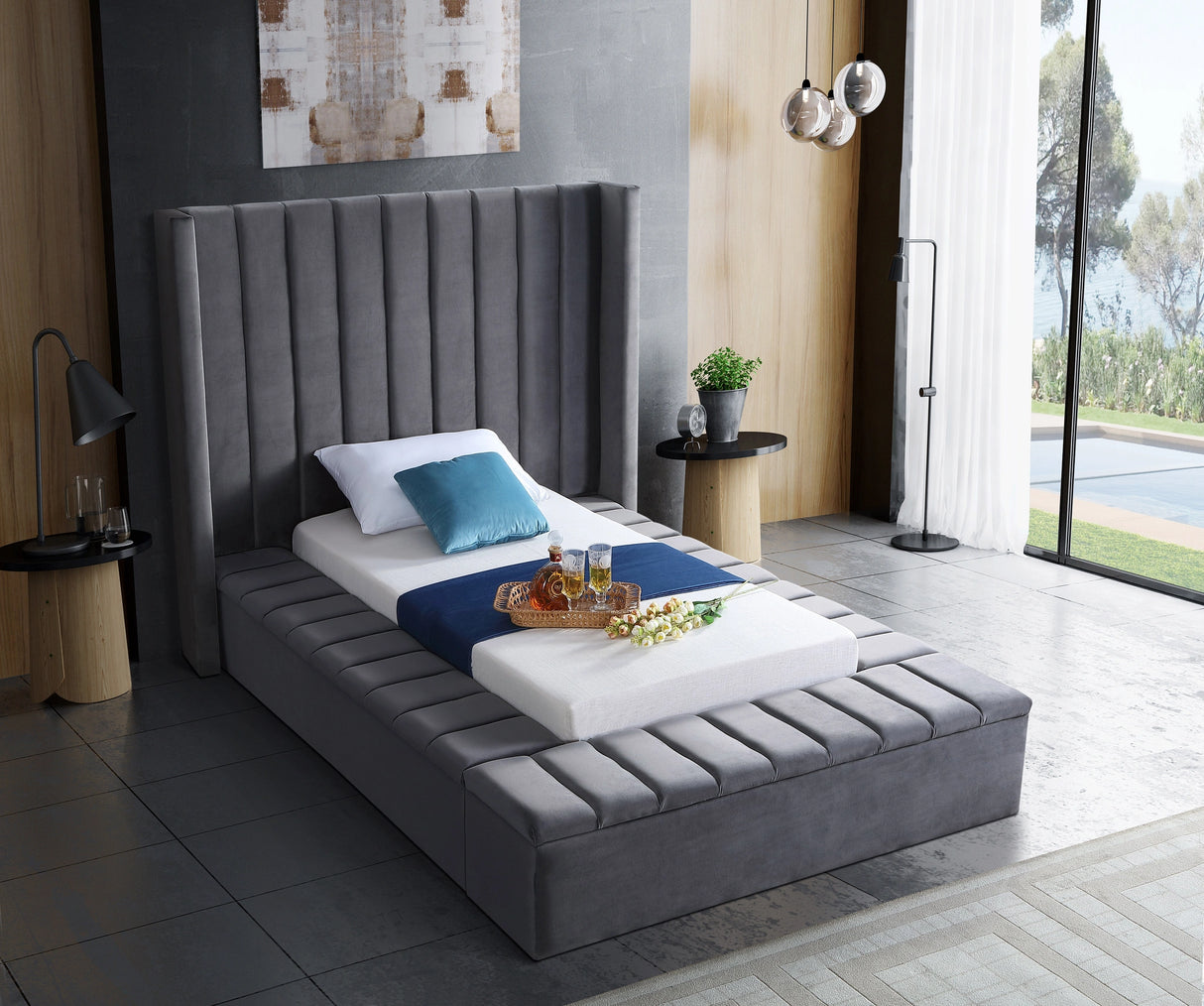Kiki Grey Velvet Twin Bed (3 Boxes)