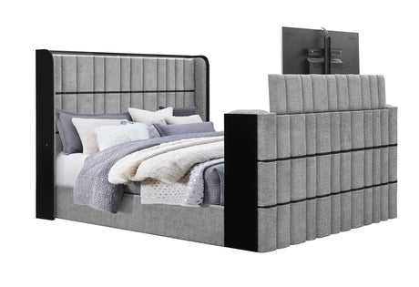 Isabella Grey Bed with LED, TV Lift, Speaker and Fireplace