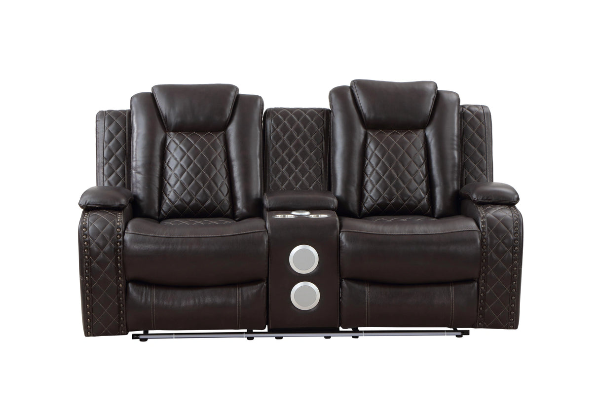 JOSHUA LEATHER CONSOLE LOVESEAT W/ DUAL RECLINERS-DK BROWN