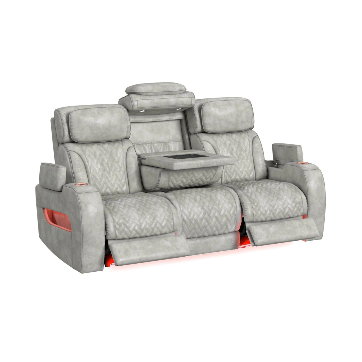 Prime Time P3 Sofa with DDT, 3.0 Table, 7 Colors (LED and Cup Holders), Reading Light, Vibration, speaker, and Heat Massage in Leather Gel Light Grey
