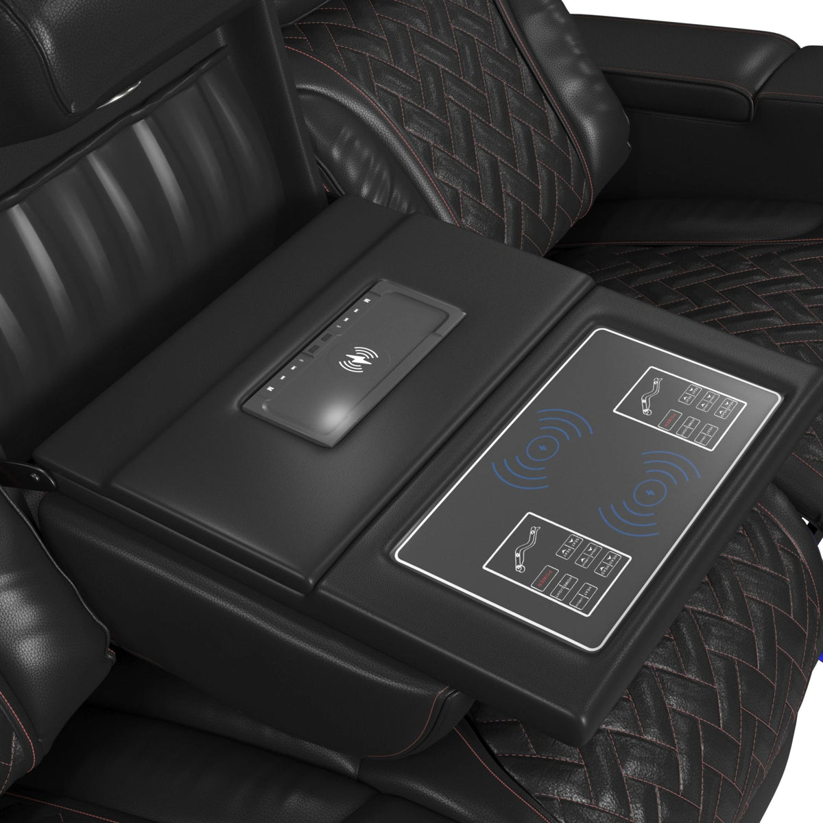 Prime Time P3 Living Room Set in Jett Black with Red Stitching