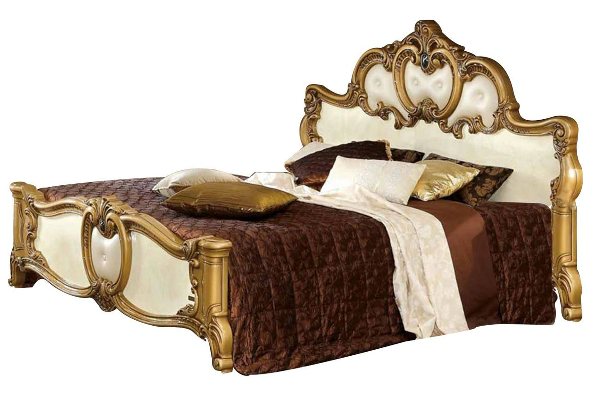 ESF Furniture Barocco King Leather Panel Bed in Ivory w/ Gold