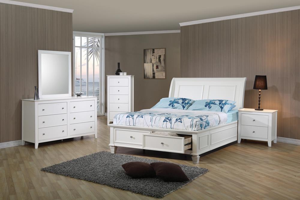 Selena Full Sleigh Bed with Footboard Storage Cream White