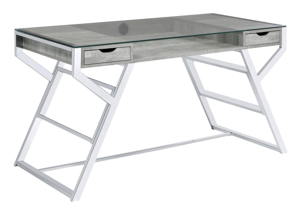 Emelle 2-drawer Glass Top Writing Desk Grey Driftwood and Chrome