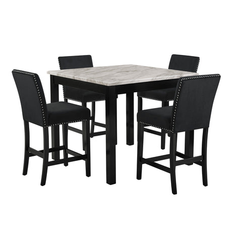 Celeste 5Pc 42" Marble Finish Counter Table & 4 Chairs-Black