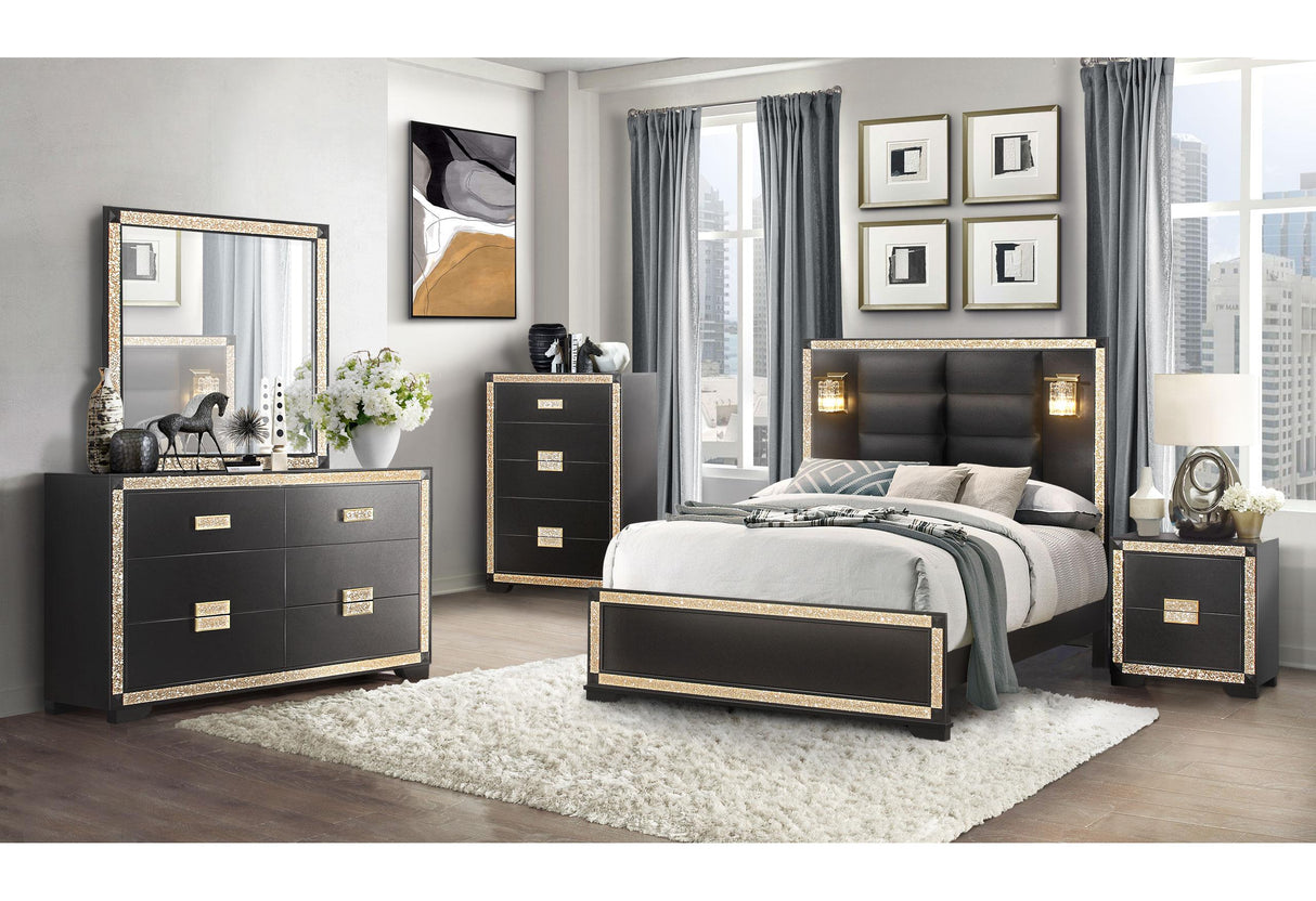 Blake Black/Gold King Bed with Lamps, Dresser, Mirror, 2 Nightstand