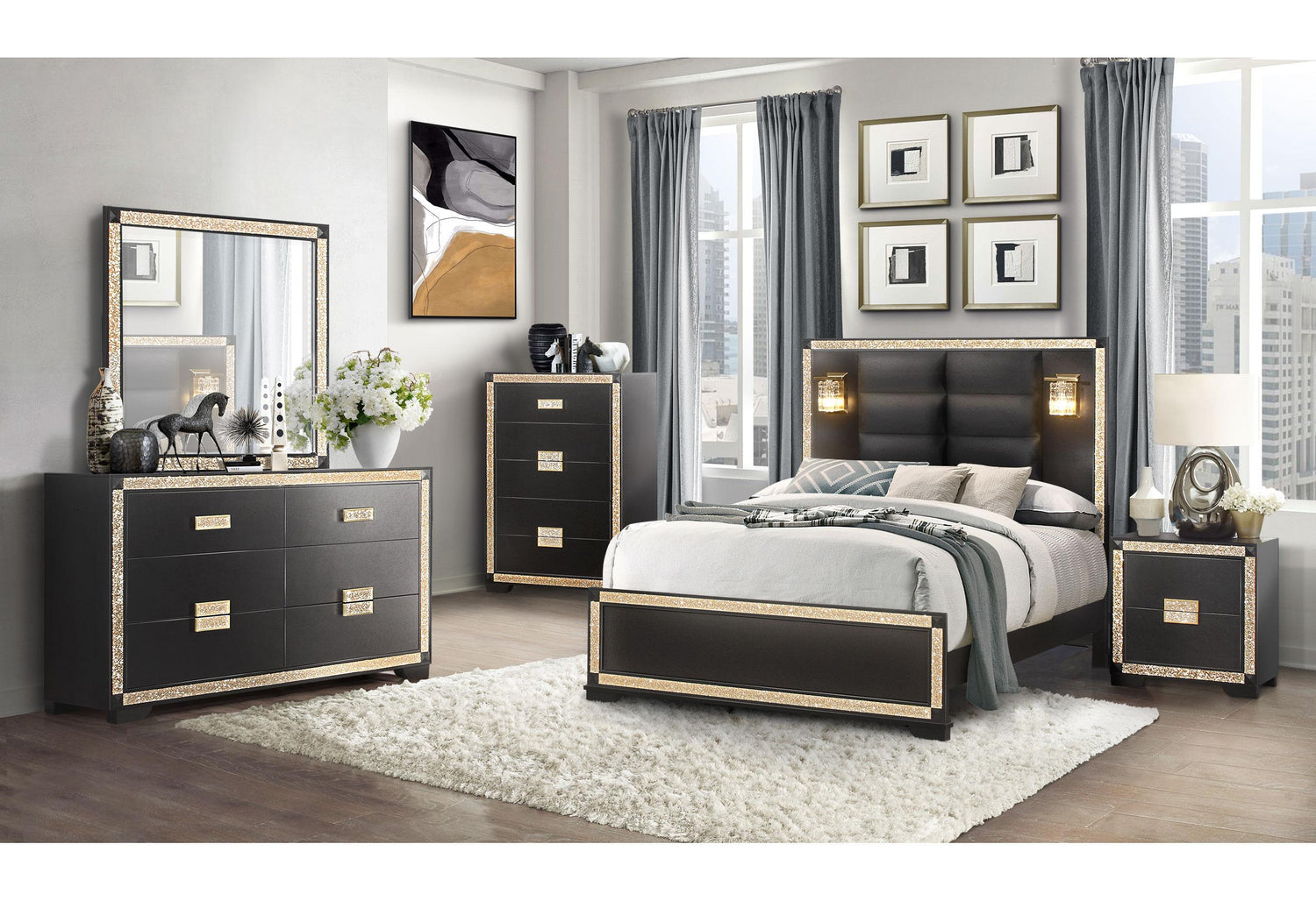 BLAKE BLACK/GOLD KING BED GROUP WITH LAMPS - galleria furniture outlet