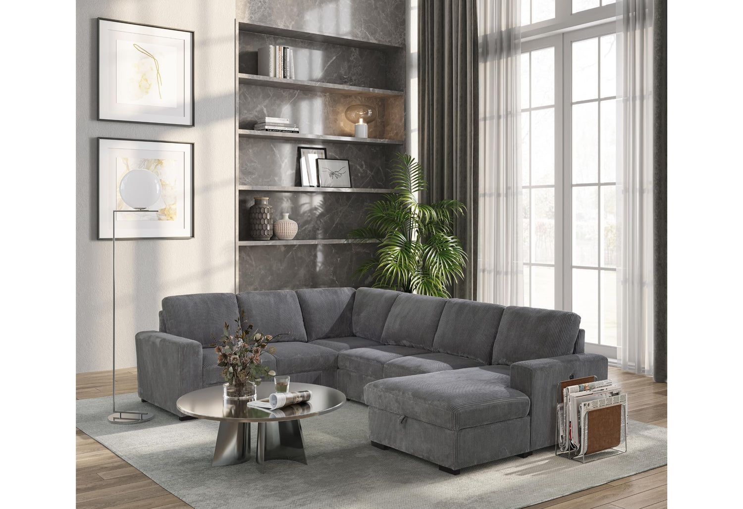 U2660 Grey Sectional W/Pull Out Sofa Bed