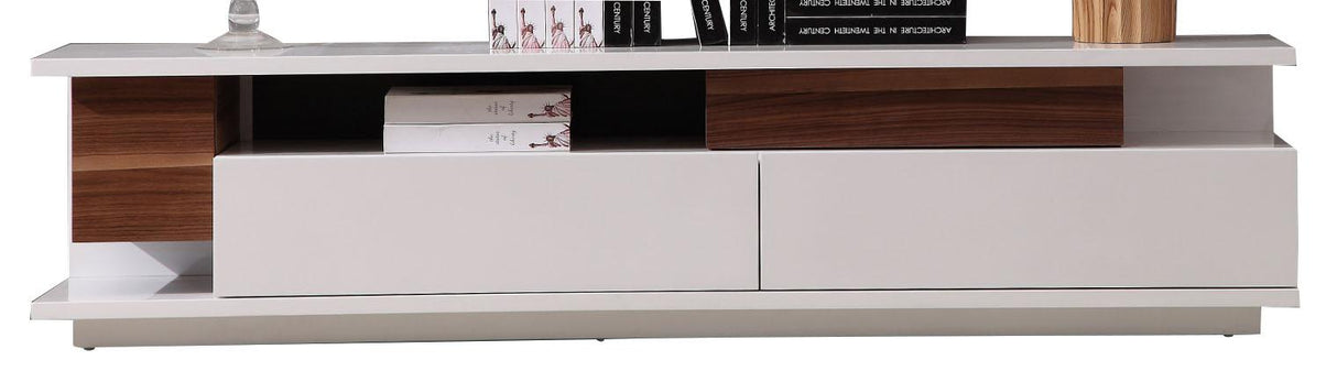 J&M TV061 TV Stand in White High Gloss & Walnut