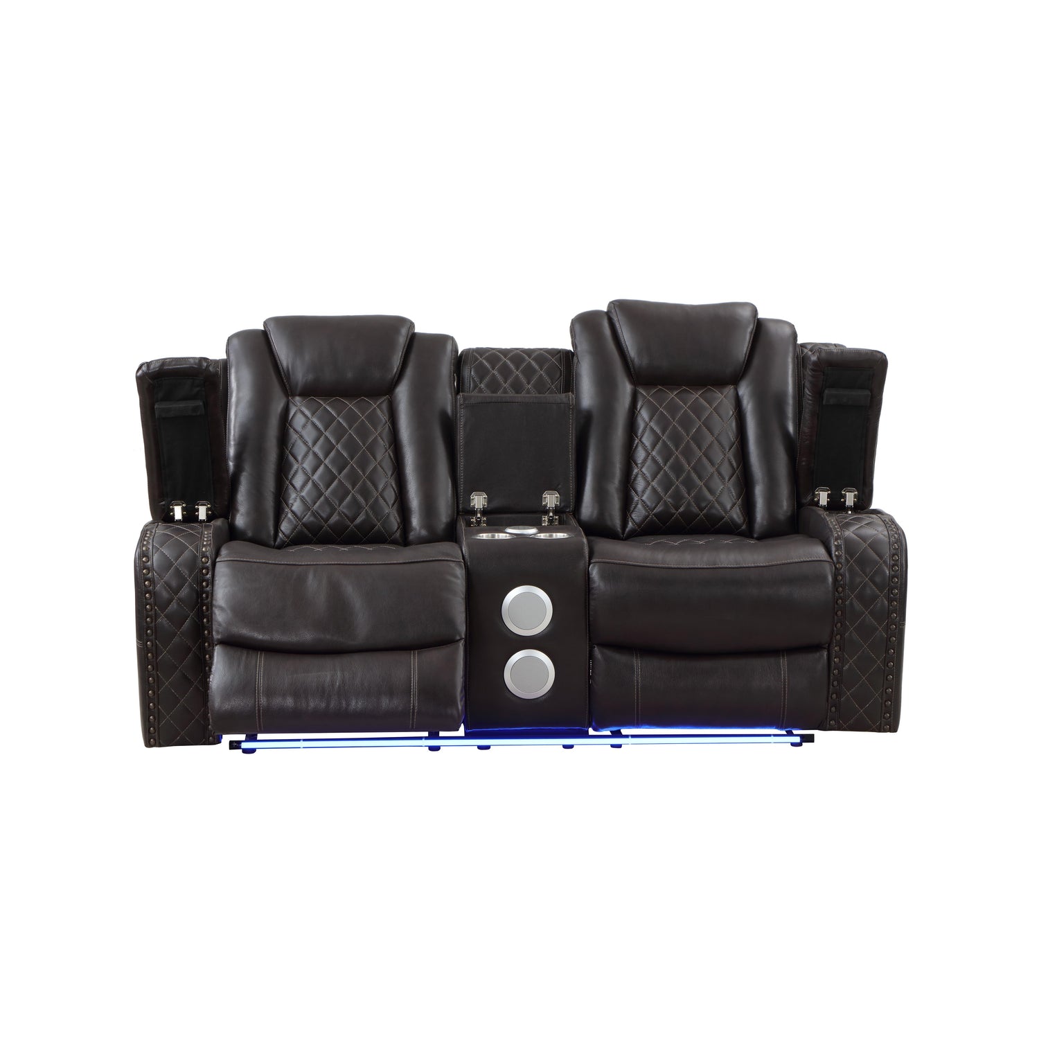 JOSHUA LEATHER CONSOLE LOVESEAT W/ PWR FR & HR-DK BROWN