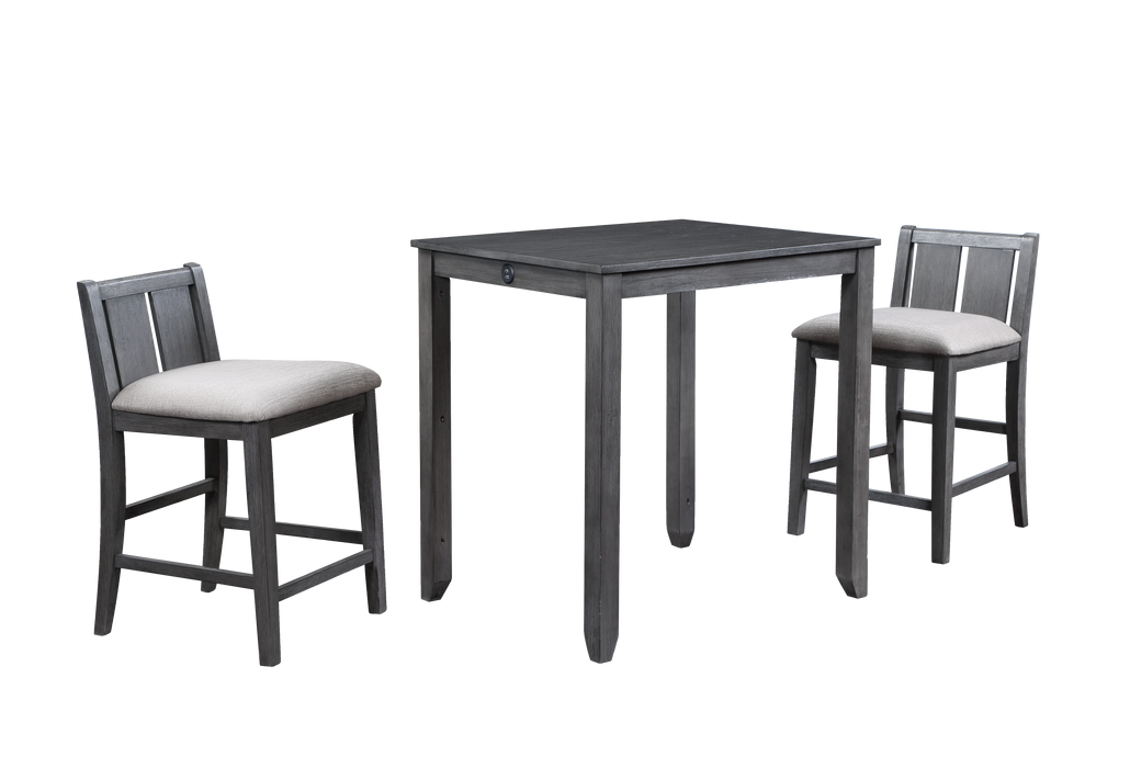 HESTON 36" STORAGE COUNTER TABLE SET W/2 CHAIRS-GRAY