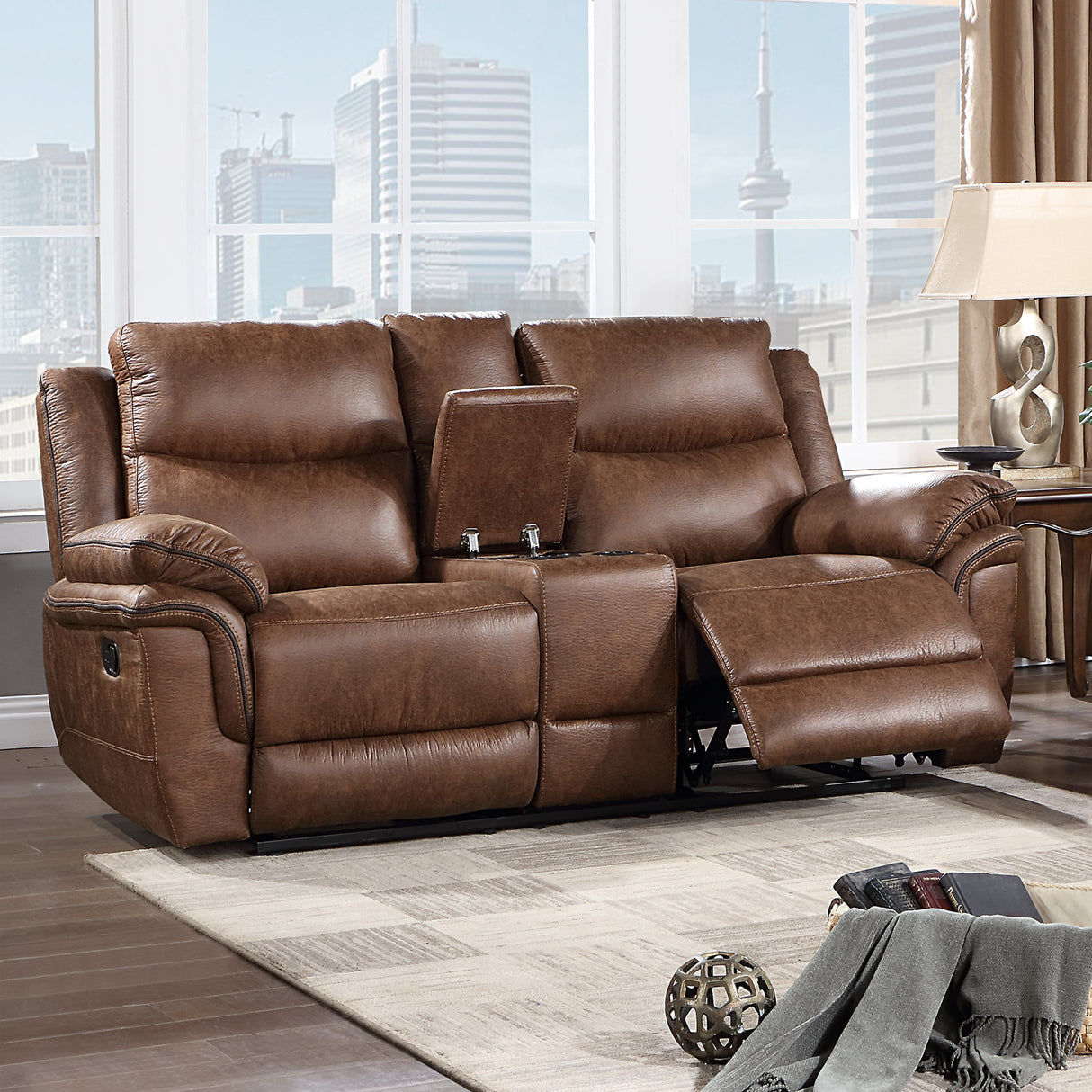 Ryland Console Loveseat W/ Dual Recliners--Brown