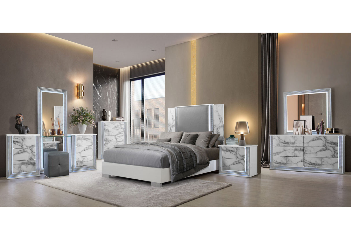 Ylime White Marble Queen Bed Group Fully Slatted With Vanity Set