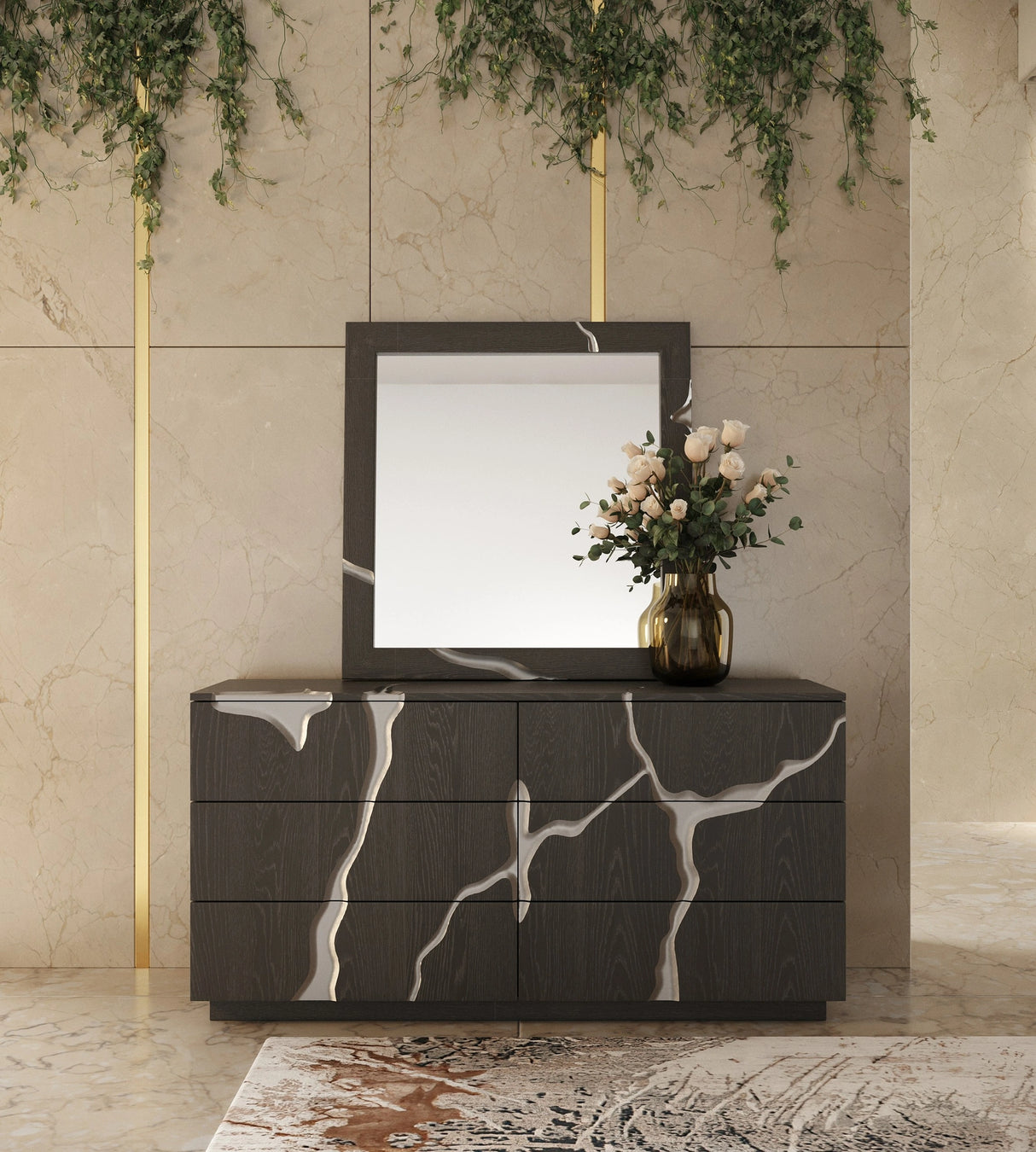 Penelope + Aspen - Modern Beige Velvet + Brown Ash Bedroom Set