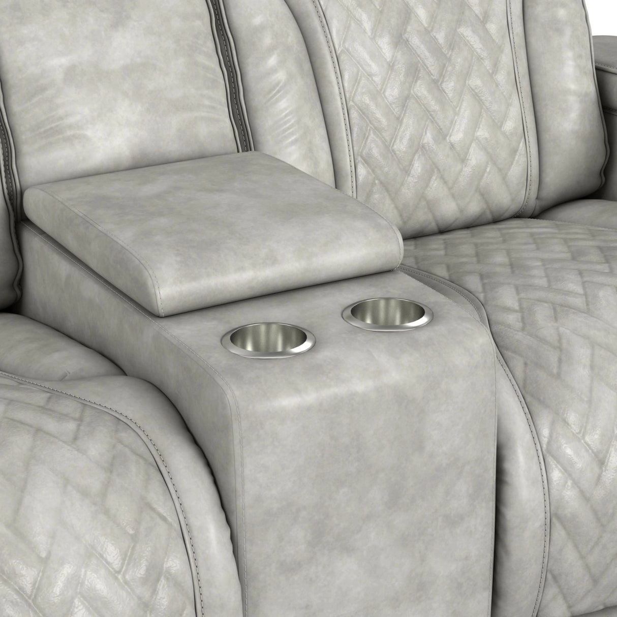 Prime Time P3 Loveseat with Console, 7 Colors LED, Cup Holders and Wireless Charger Controller in Leather Gel Light Grey