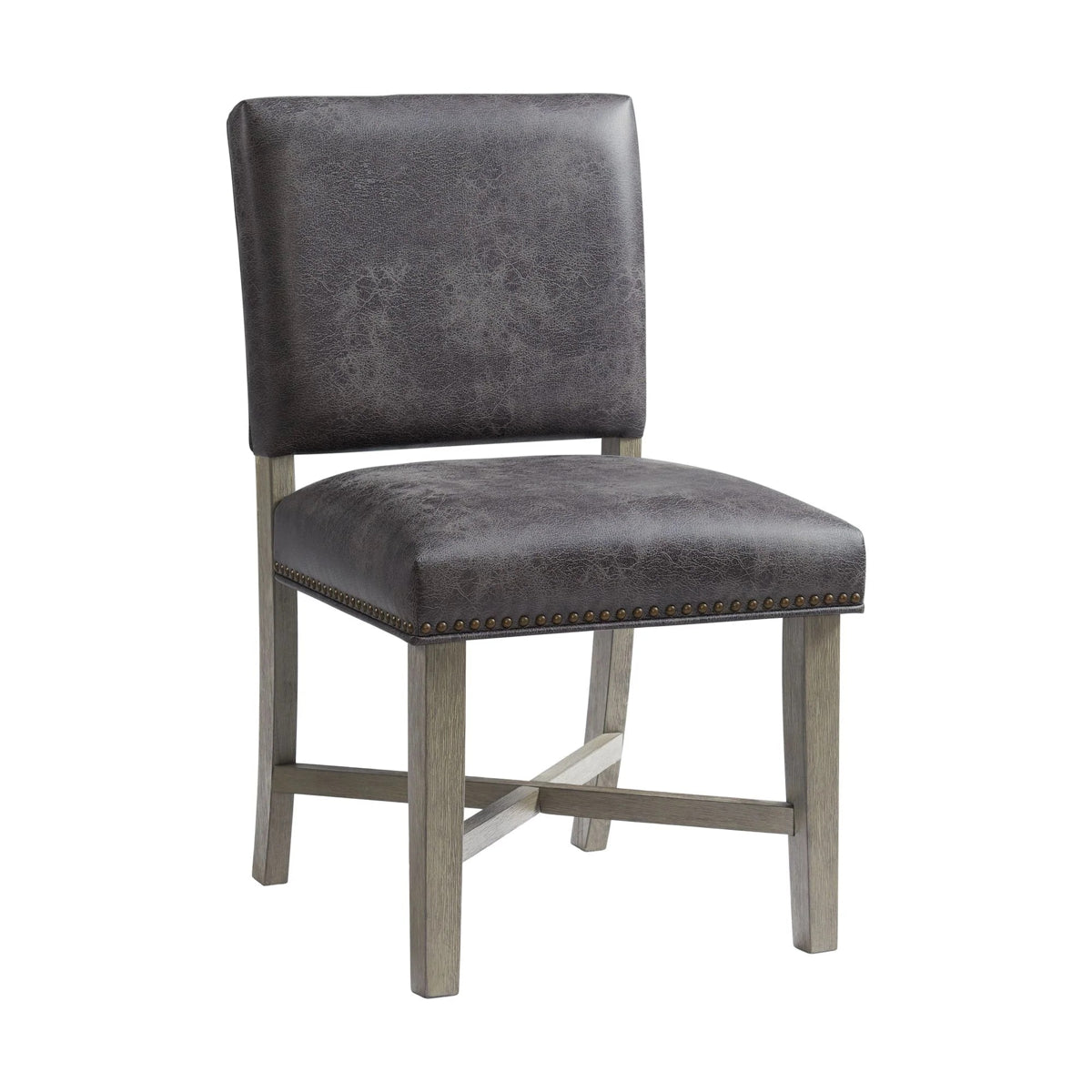 Elements International Collins Side Chair Stretcher with Brown PU (Set of 2) in Weathered Gray