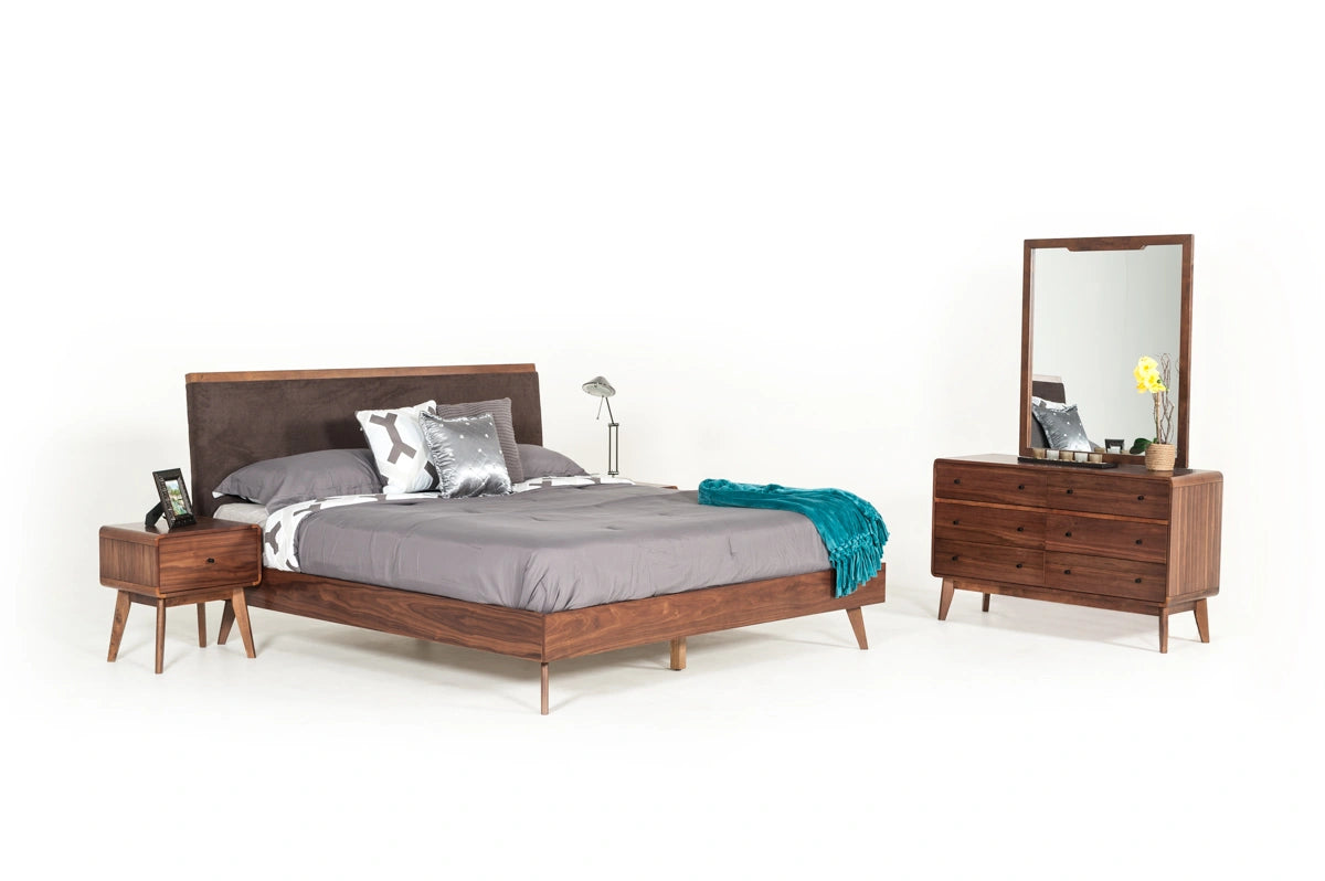 Marshall Mid-Century Modern Brown Fabric & Walnut Bed