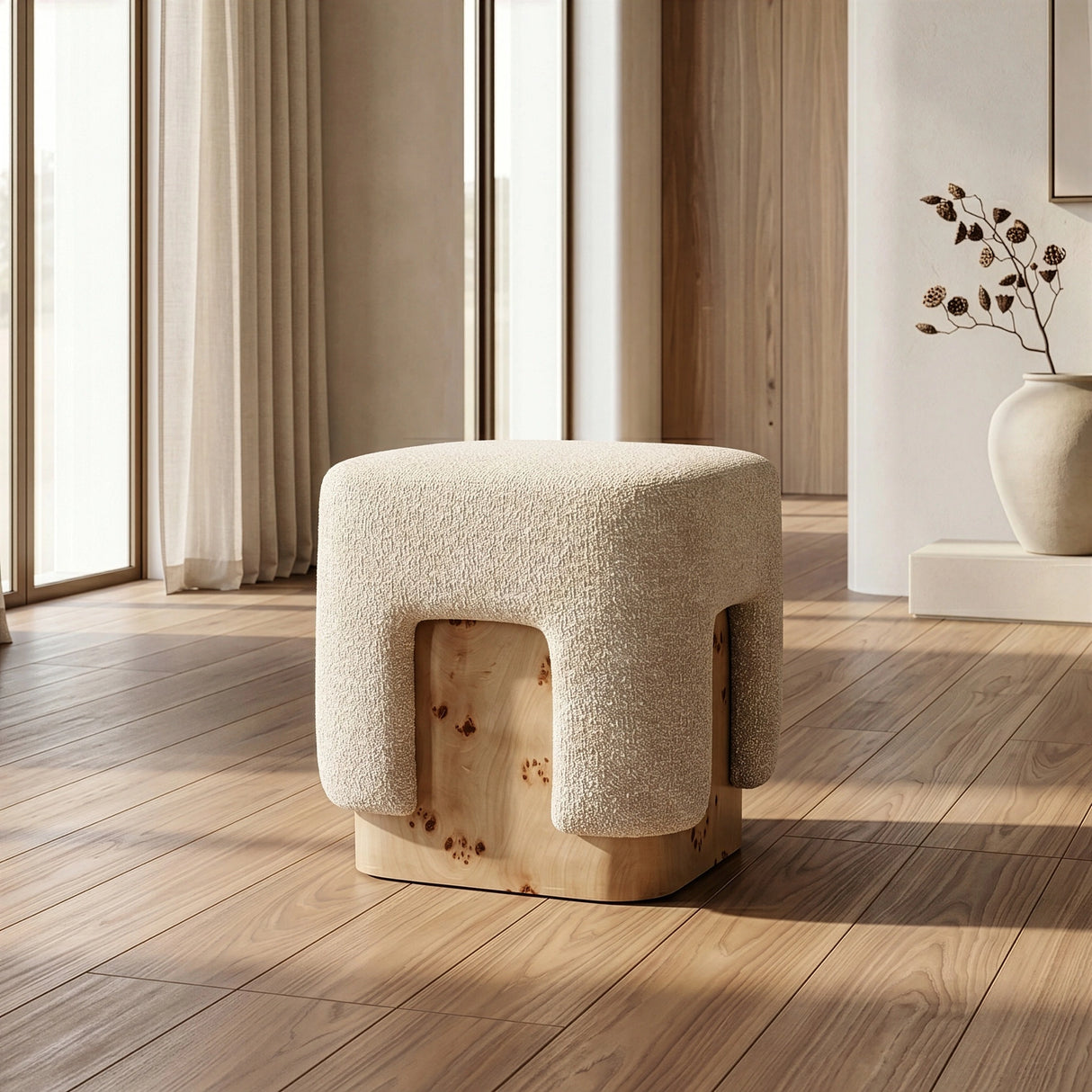 Mayfair - Contemporary Beige Fabric + Burl Square Ottoman