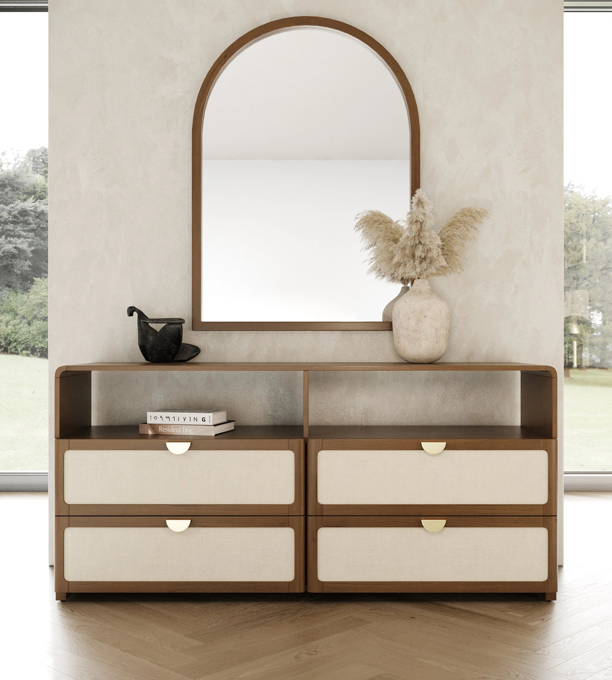Lambert + Emilio - Modern Beige Fabric + Walnut + Burlap 4-Piece Bedroom Set