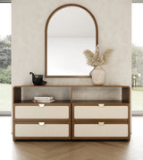 Lambert + Emilio - Modern Beige Fabric + Walnut + Burlap 4-Piece Bedroom Set