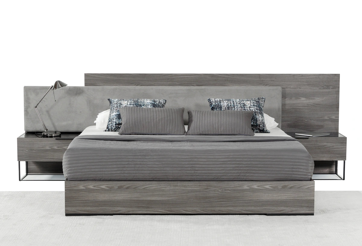 Enzo Italian Modern Grey Oak & Fabric Bed w/ Nightstands