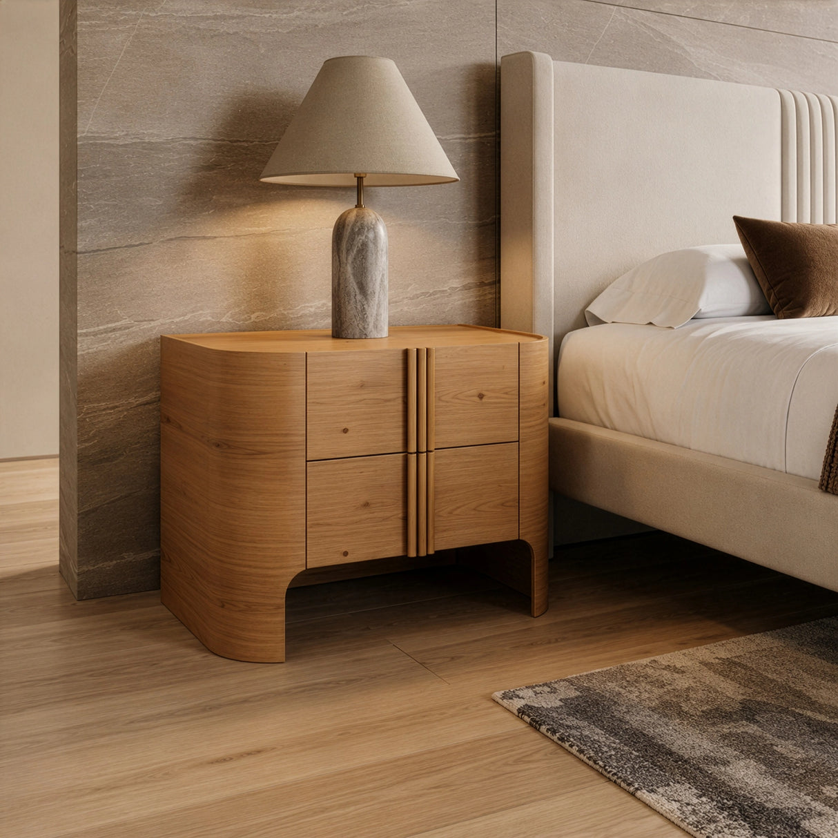 Newhart - Modern Beige Fabric + Natural Oak 4-Piece Bedroom Set