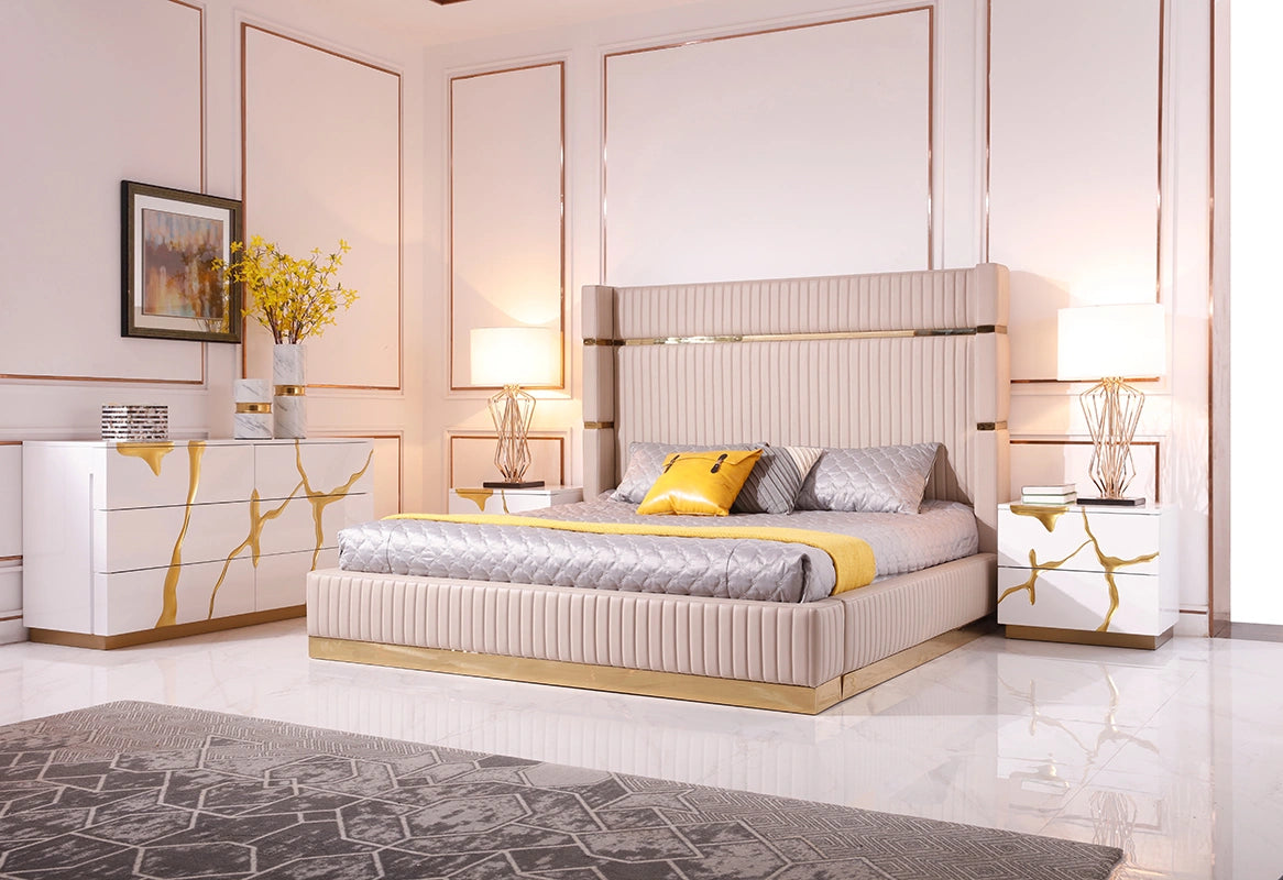 Sterling Modern Beige Bonded Leather & Gold Bed