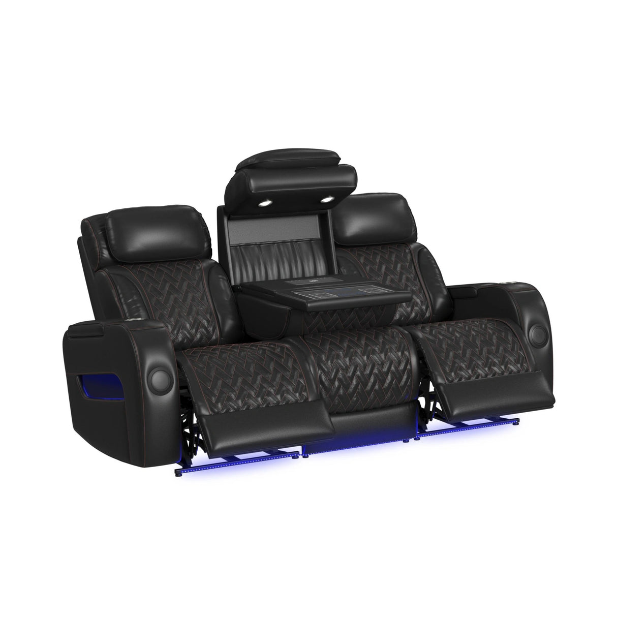Prime Time P3 Sofa with I Table, reading light, heat, massage, LED, and speaker in Jett Black with Red Stitching