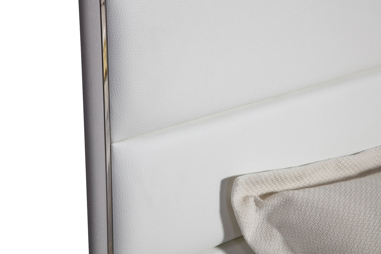 Cartier - Modern White Vegan Leather + Stainless Steel 4-Piece Bedroom Set