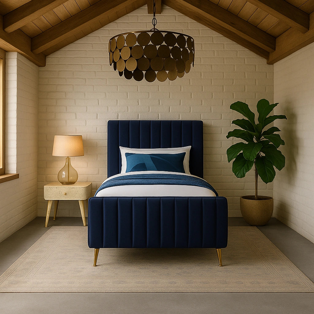 Zara Navy Velvet Twin Bed (3 Boxes)