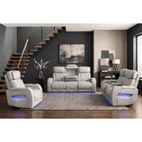 Prime Time P3 3PC Living Room Set with 7 Colors LED in Leather Gel Light Grey-Sofa, Loveseat & Recliner