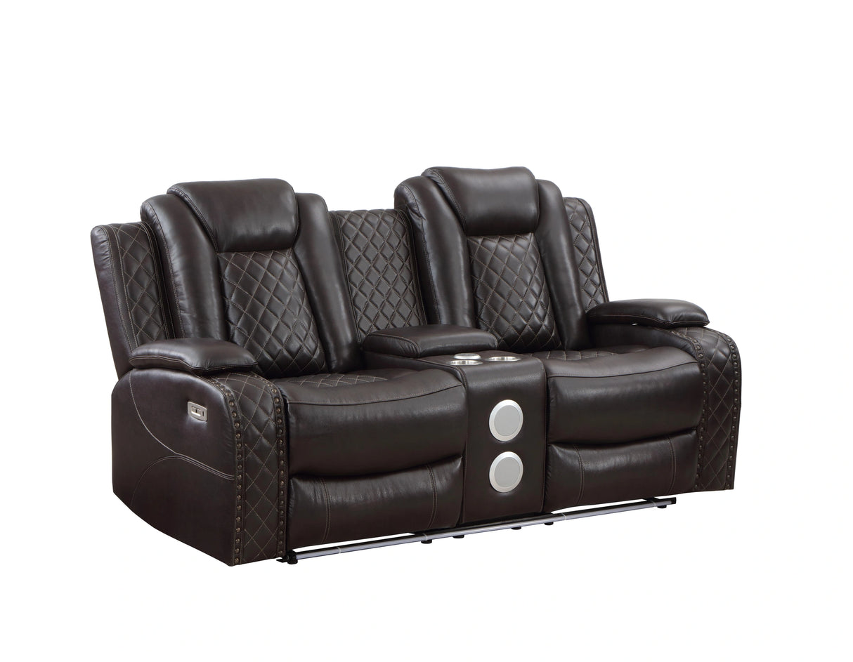 JOSHUA LEATHER CONSOLE LOVESEAT W/ DUAL RECLINERS-DK BROWN
