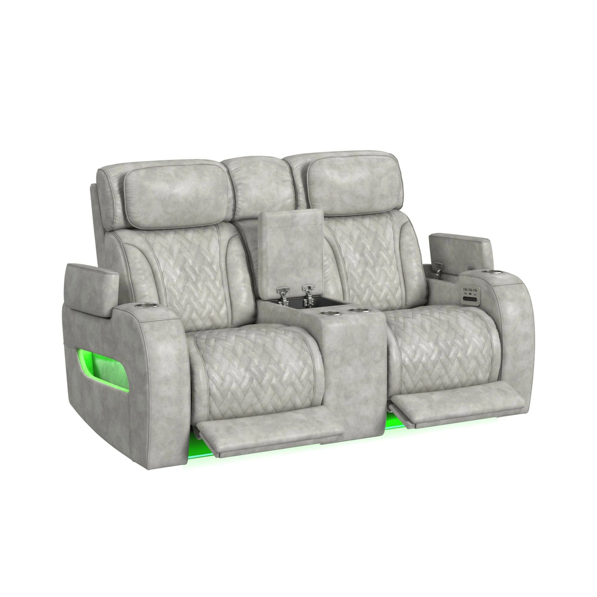 Prime Time P3 Loveseat with Console, 7 Colors LED, Cup Holders and Wireless Charger Controller in Leather Gel Light Grey