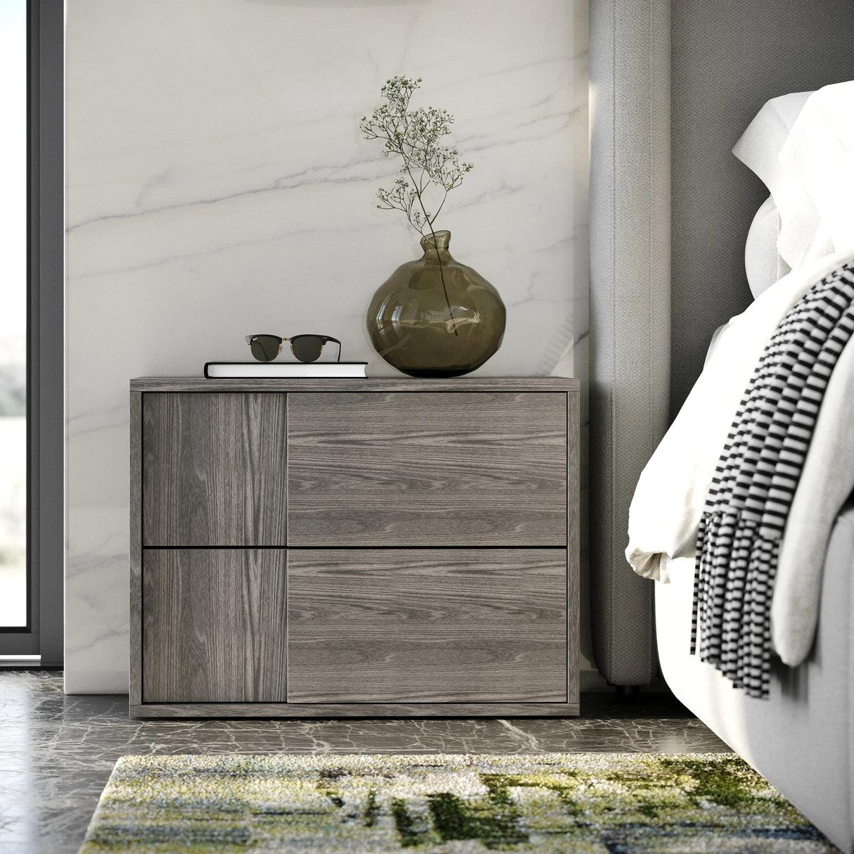Byrne + Asus - Modern Grey Fabric + Elm Grey Bed & 2 Nightstands