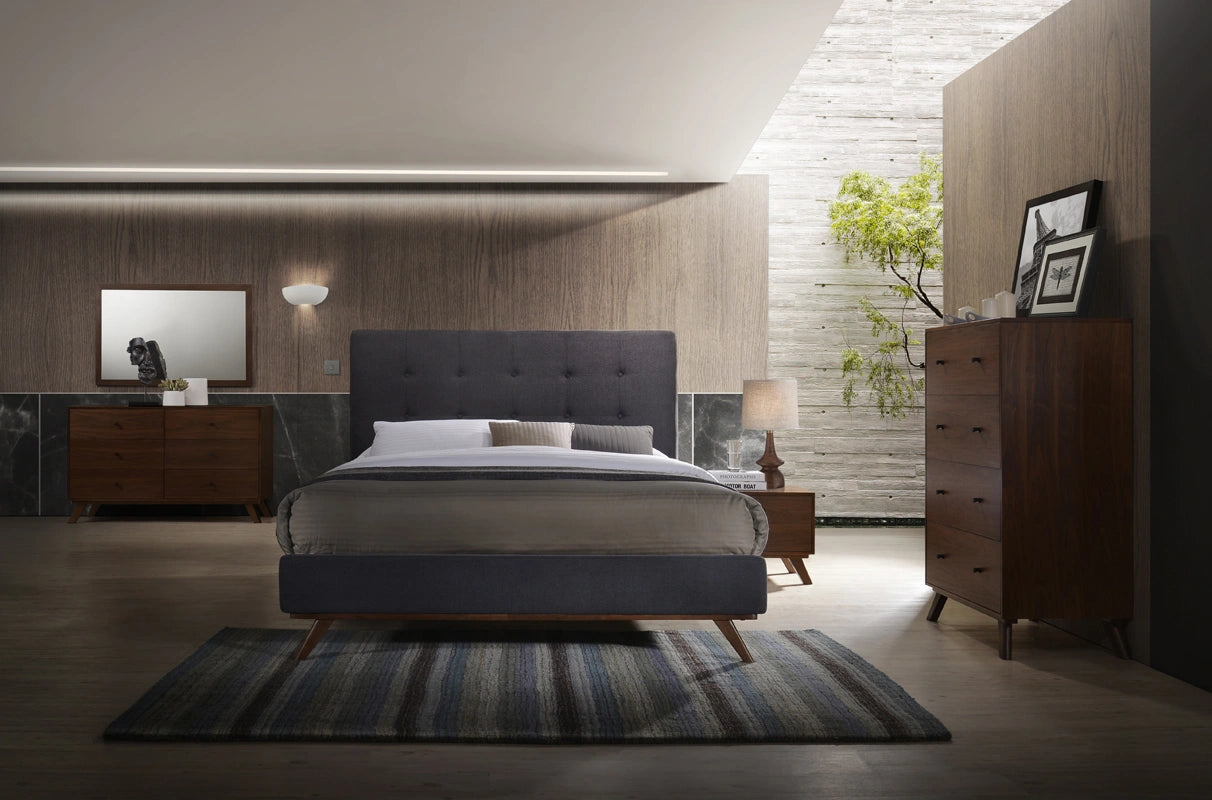 Addison Mid-Century Modern Grey Fabric & Walnut Bed