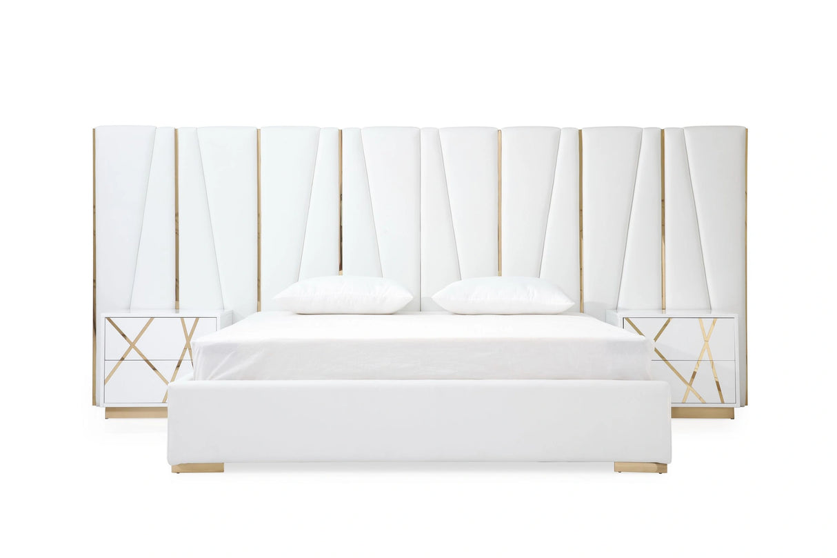 Nixa - Modern White + Gold Bed + Nightstands