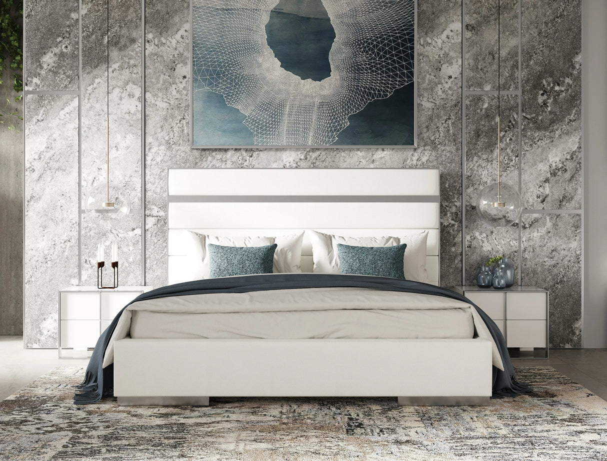 Cartier - Modern White Vegan Leather + Stainless Steel 4-Piece Bedroom Set