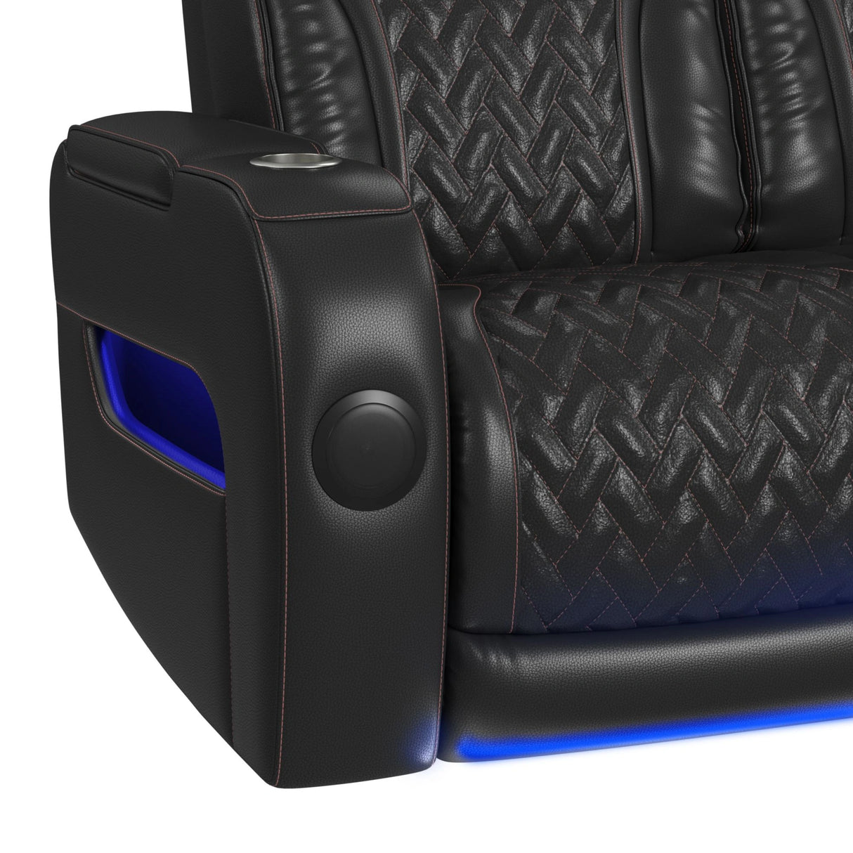 Prime Time P3 Sofa with I Table, reading light, heat, massage, LED, and speaker in Jett Black with Red Stitching