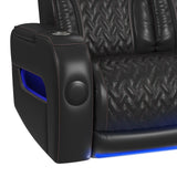 Prime Time P3 Sofa with I Table, reading light, heat, massage, LED, and speaker in Jett Black with Red Stitching