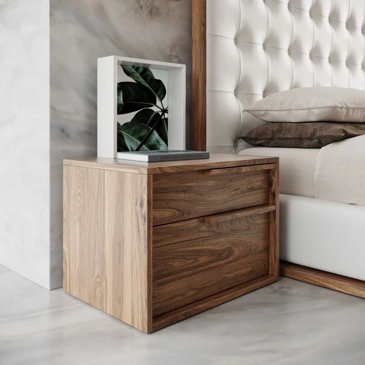 Amberlie - Modern White Vegan Leather + Walnut 4-Piece Bedroom Set